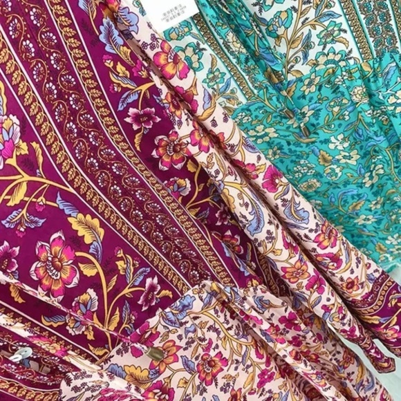 Maroon Multi Color Bohemian Floral Button Neck 3/4 Sleeve Blouse Top w/ Tie - Picture 11 of 11